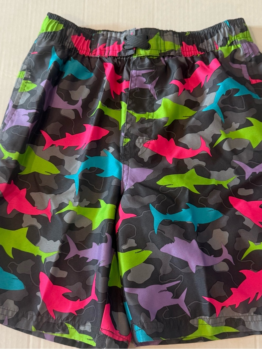 Kids Shark Print Swim Trunks - Neon Multi